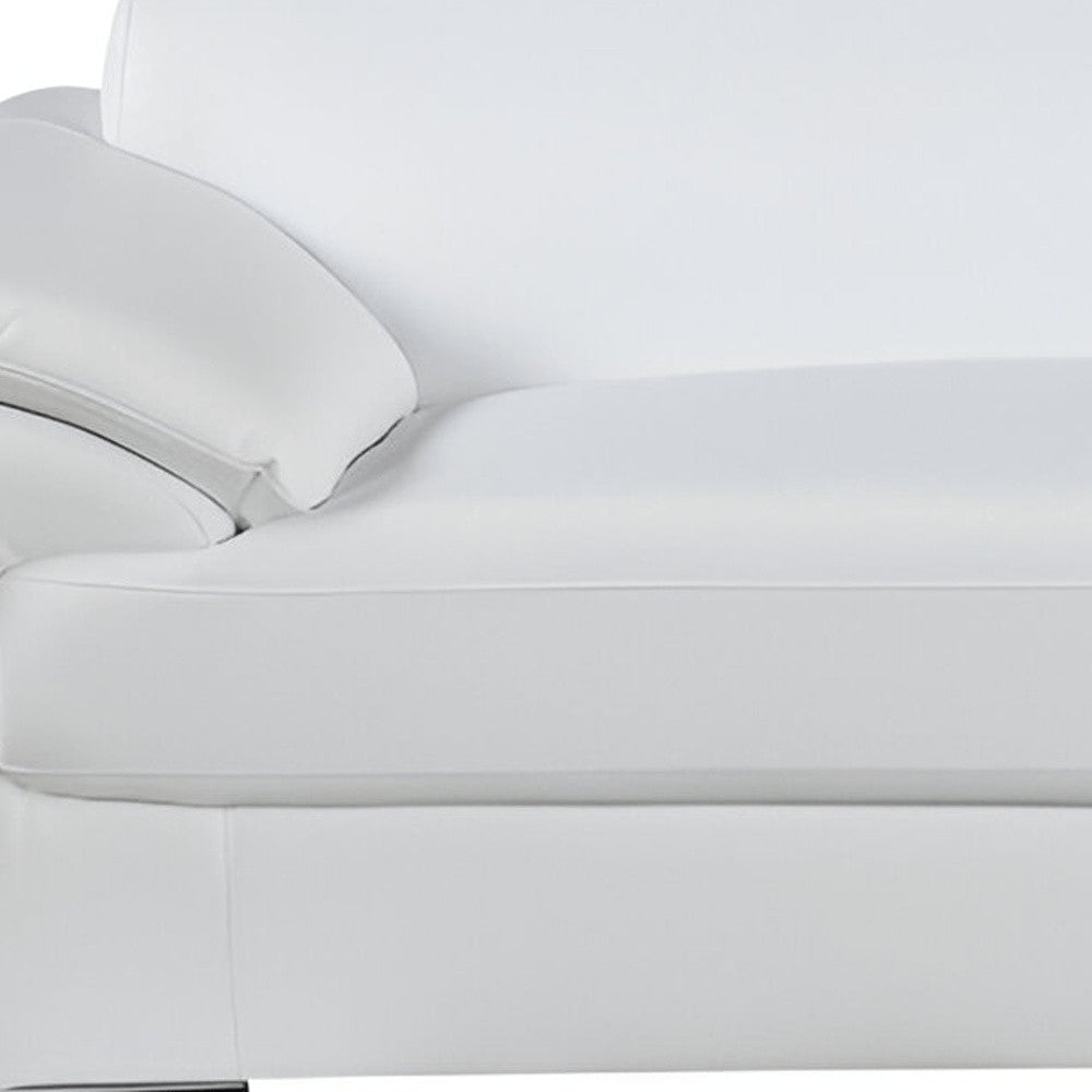 86" White Leather Sofa With Silver Legs on a white background