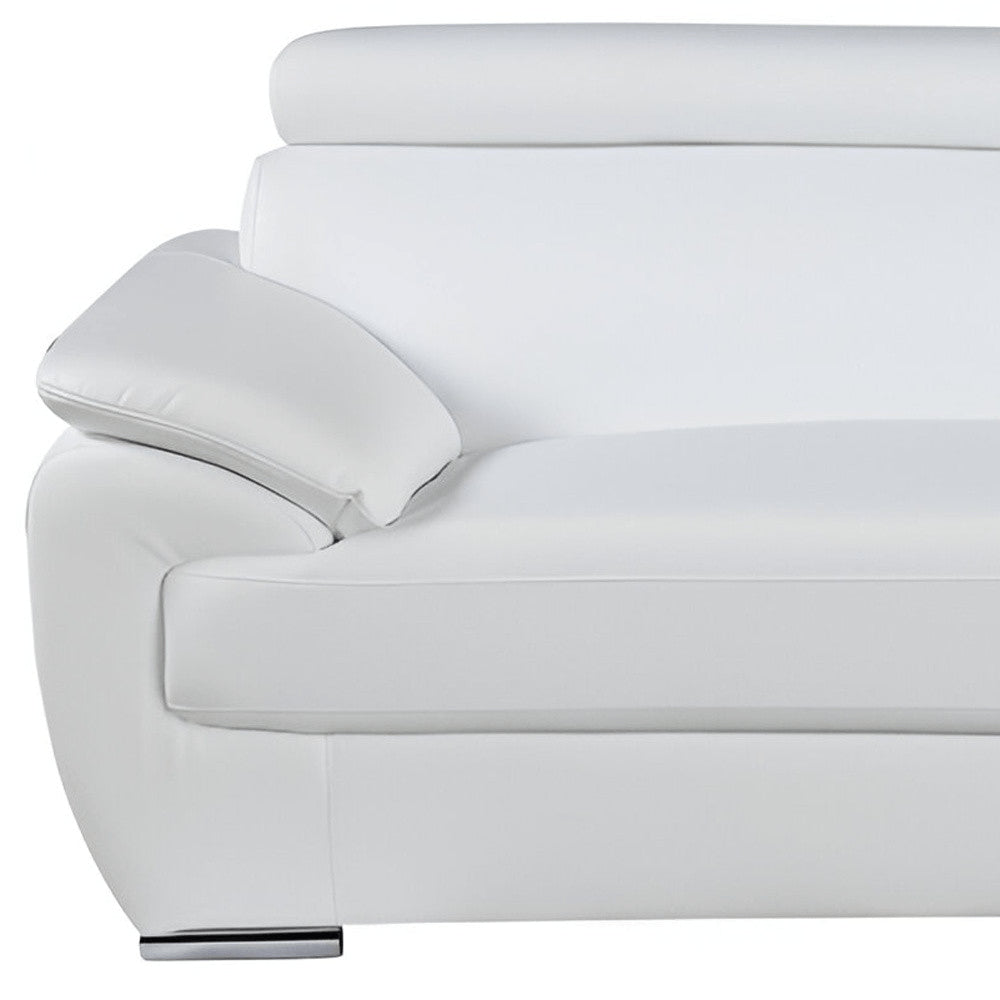 86" White Leather Sofa With Silver Legs on a white background
