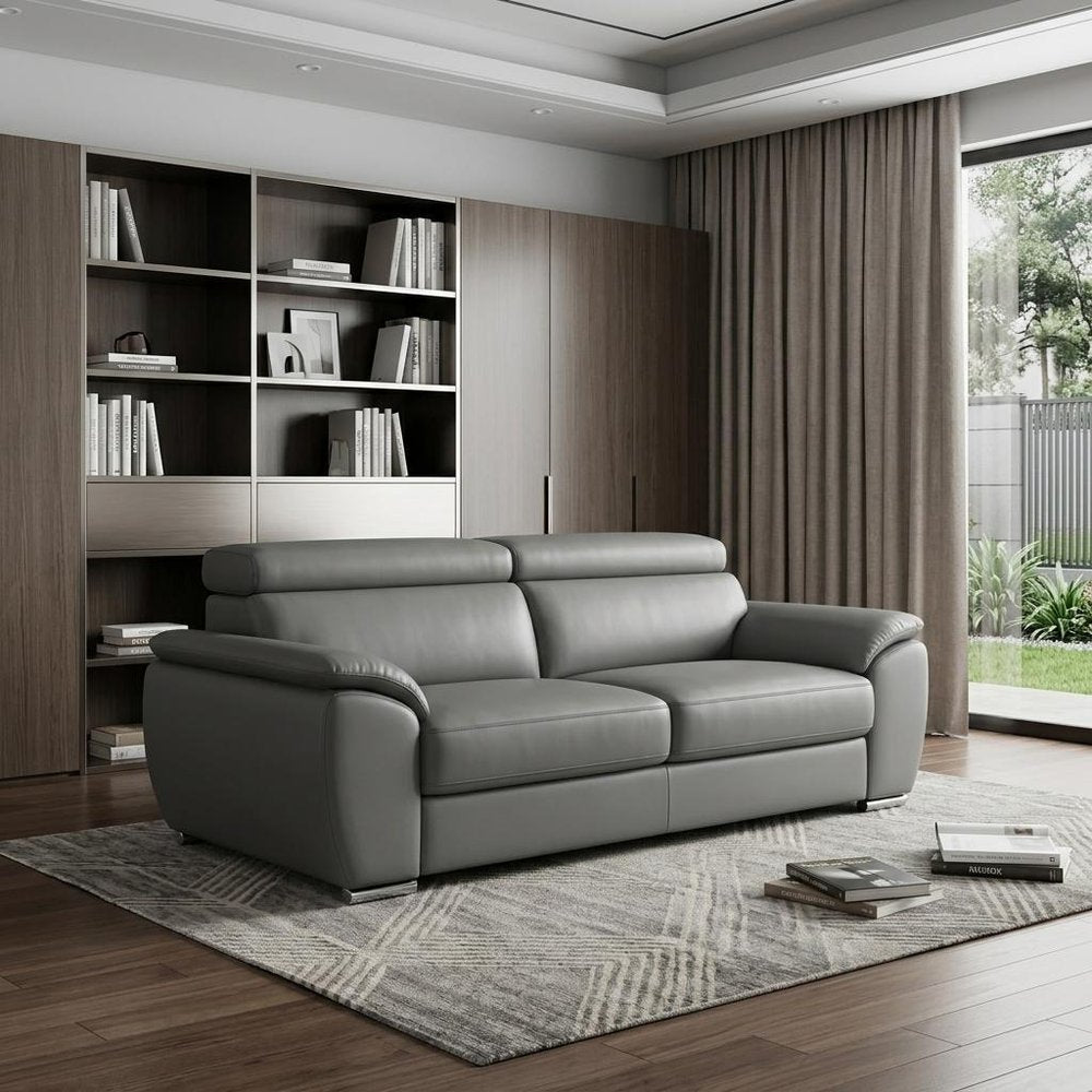 86" Gray Leather Sofa With Silver Legs