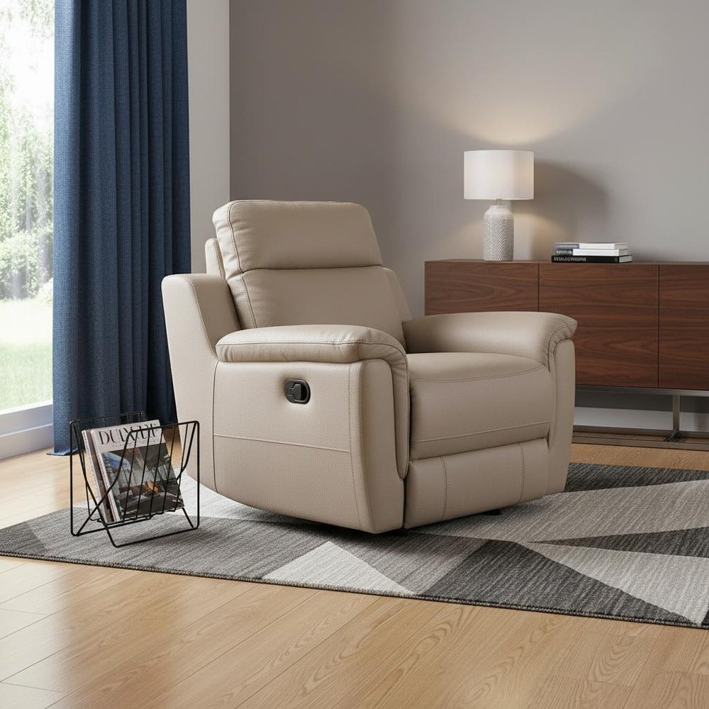 41" Beige Fascinating Leather Reclining Chair styled in a furnished interior with a gray wall on a wood floor.