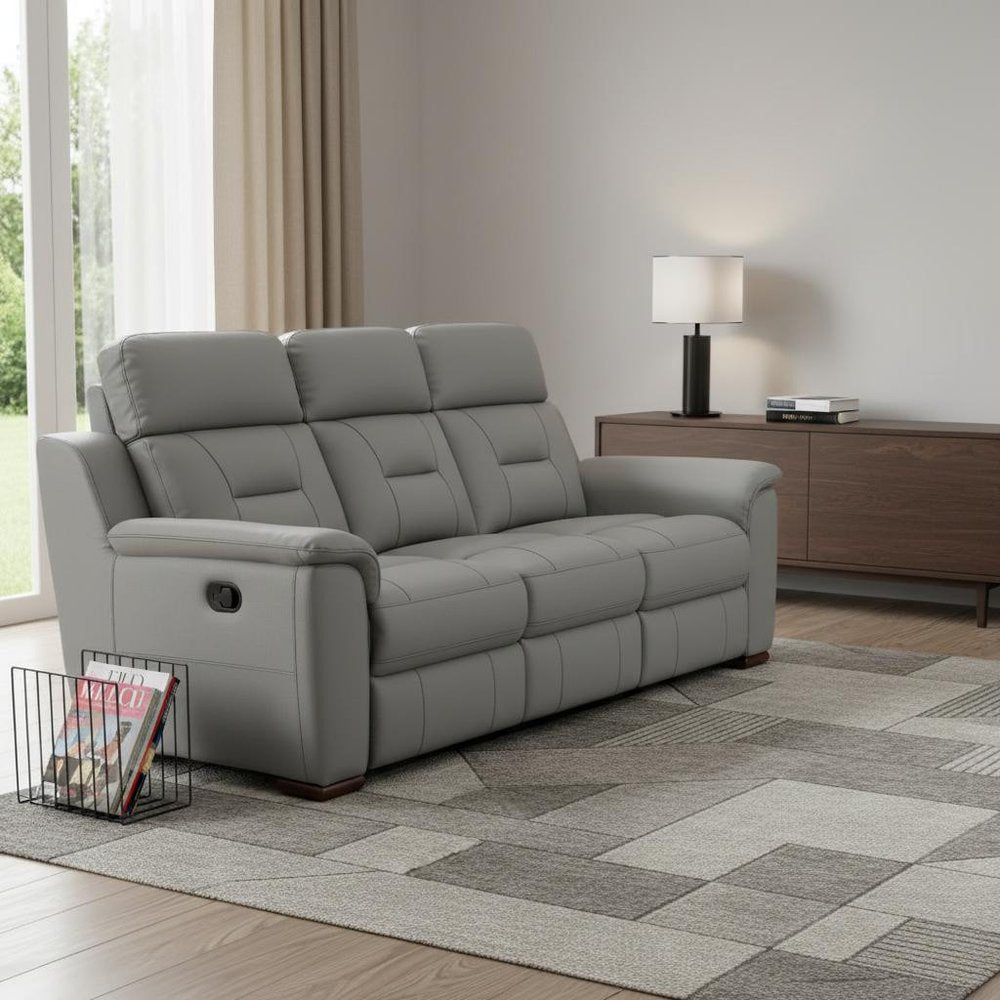 41" Grey Fascinating Leather Reclining Chair. styled in a furnished interior with a light gray wall on a tiled floor in gray leather.