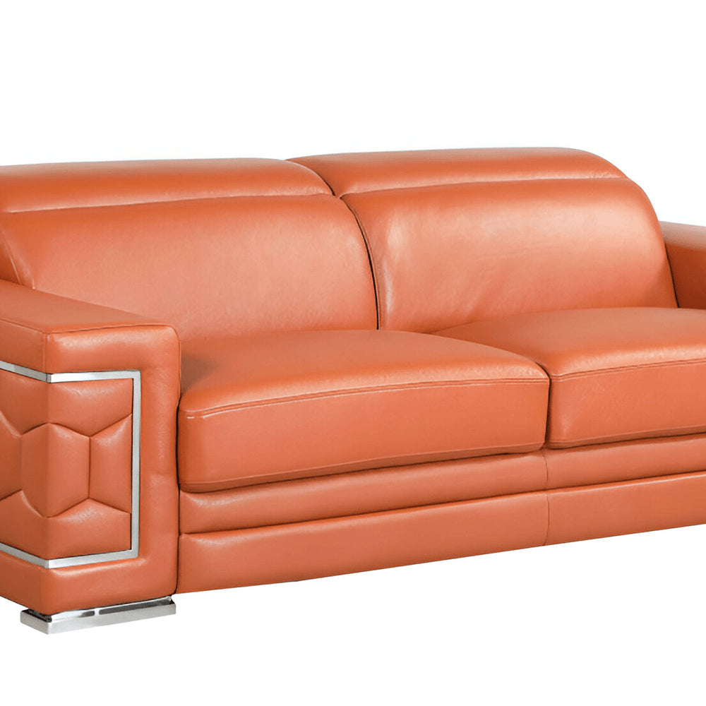 89" White Italian Leather Sofa With Silver Legs