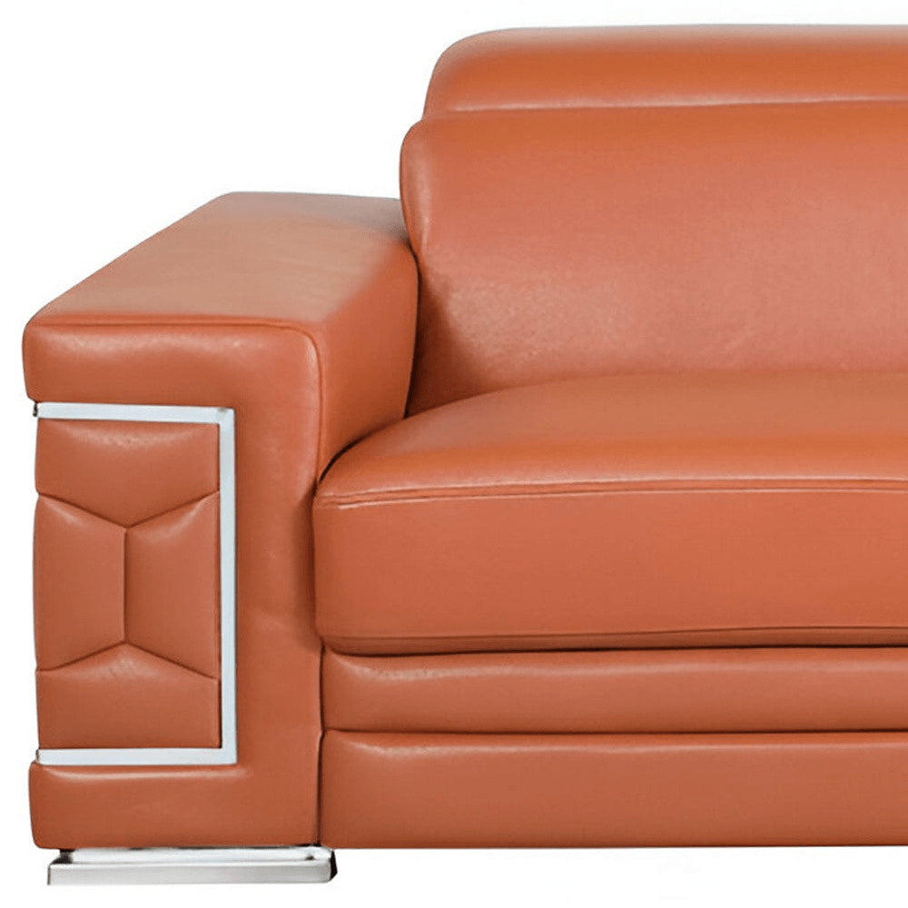 89" Beige Italian Leather Sofa With Silver Legs on a white background