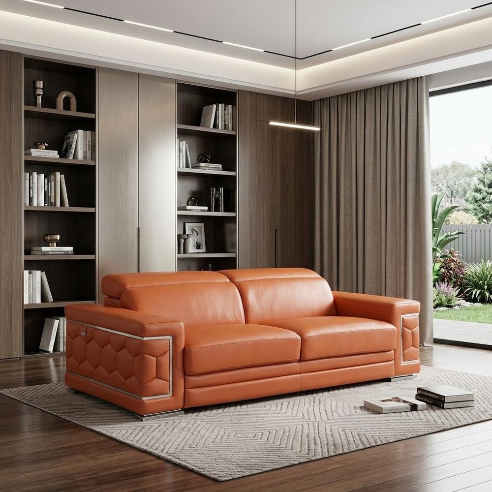 89" Beige Italian Leather Sofa With Silver Legs in a home interior