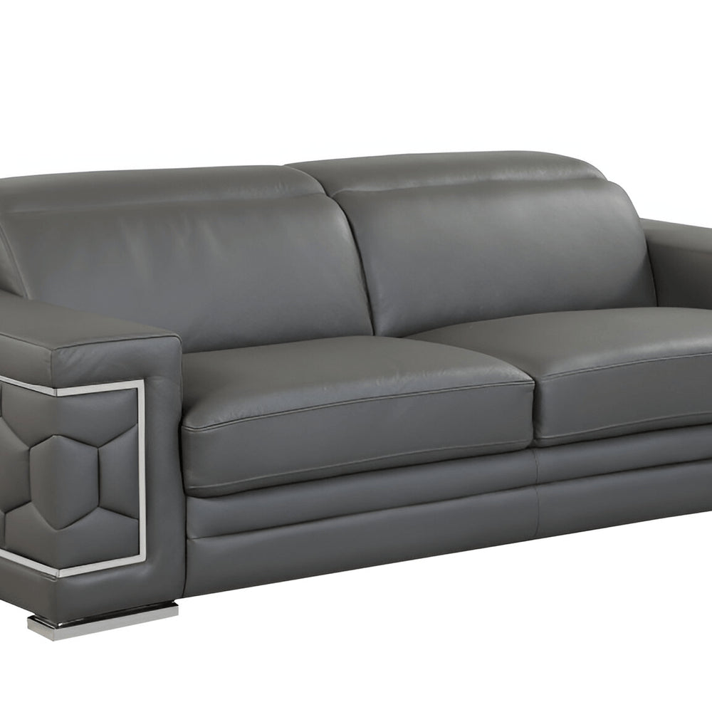 89" Beige Italian Leather Sofa With Silver Legs on a white background