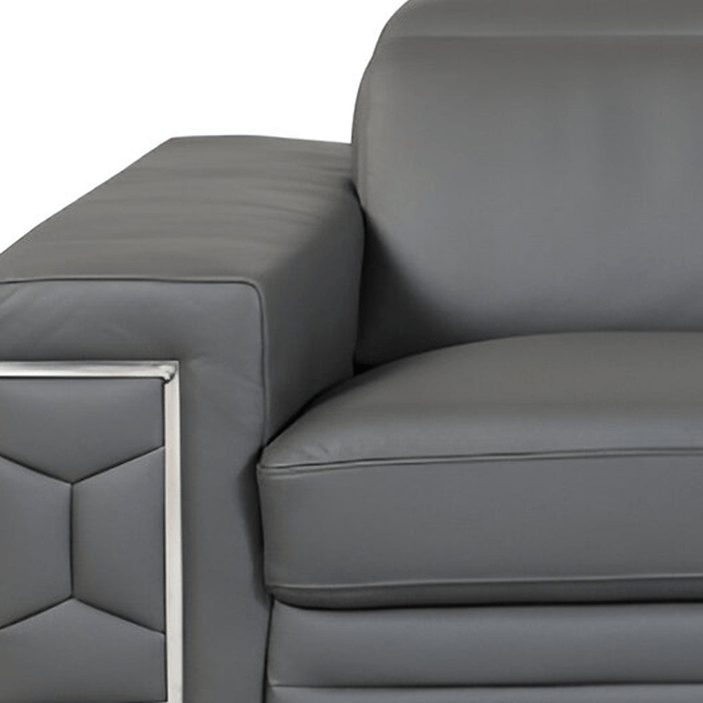 89" Beige Italian Leather Sofa With Silver Legs close-up detail