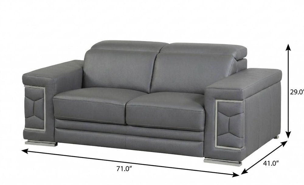 71" Gray And Silver Genuine Leather Love Seat