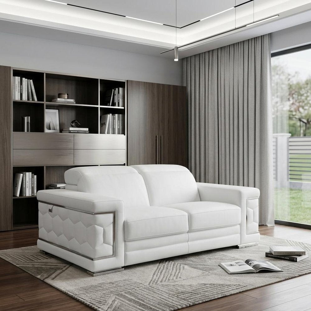 71" White Italian Leather Sofa With Silver Legs