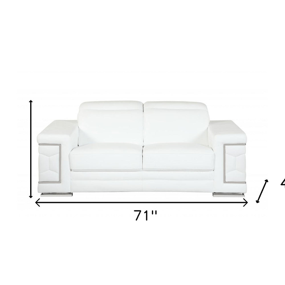 71" White Italian Leather Sofa With Silver Legs on a white background