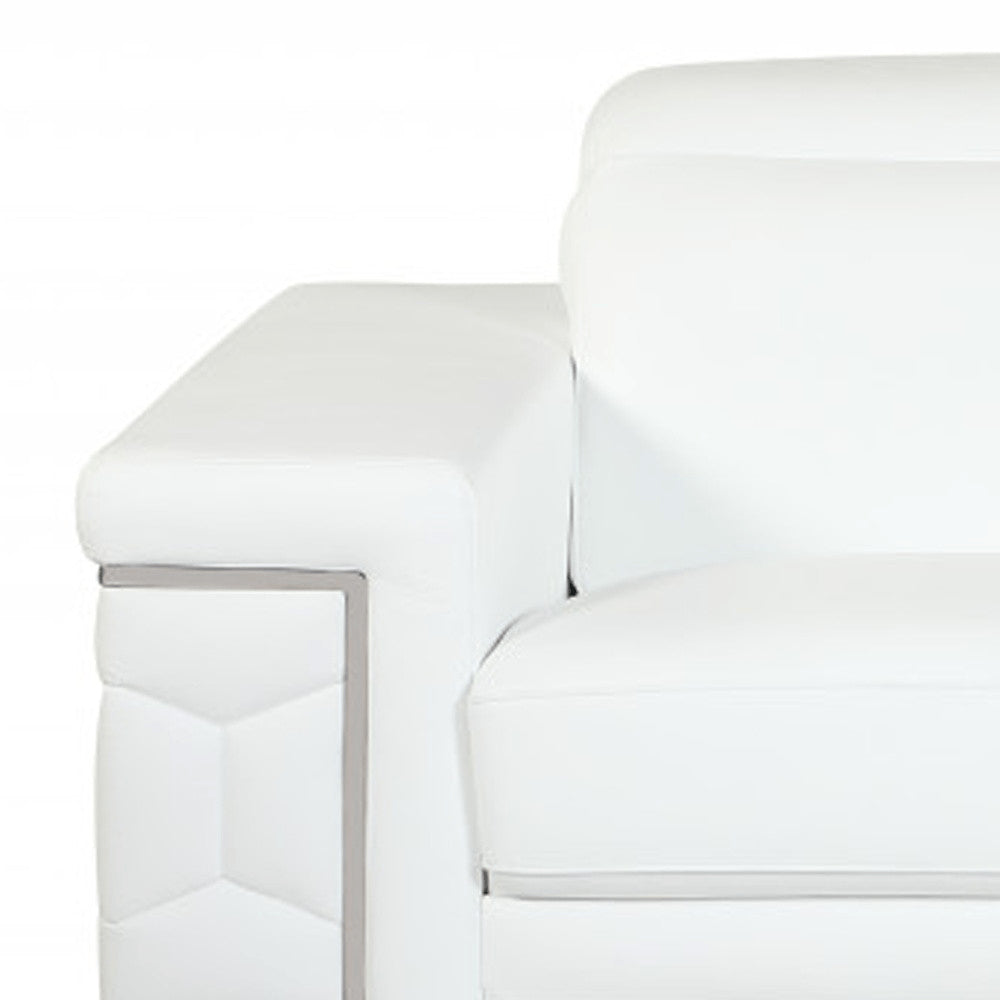 71" White Italian Leather Sofa With Silver Legs on a white background