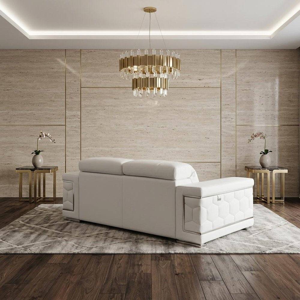 71" White Italian Leather Sofa With Silver Legs