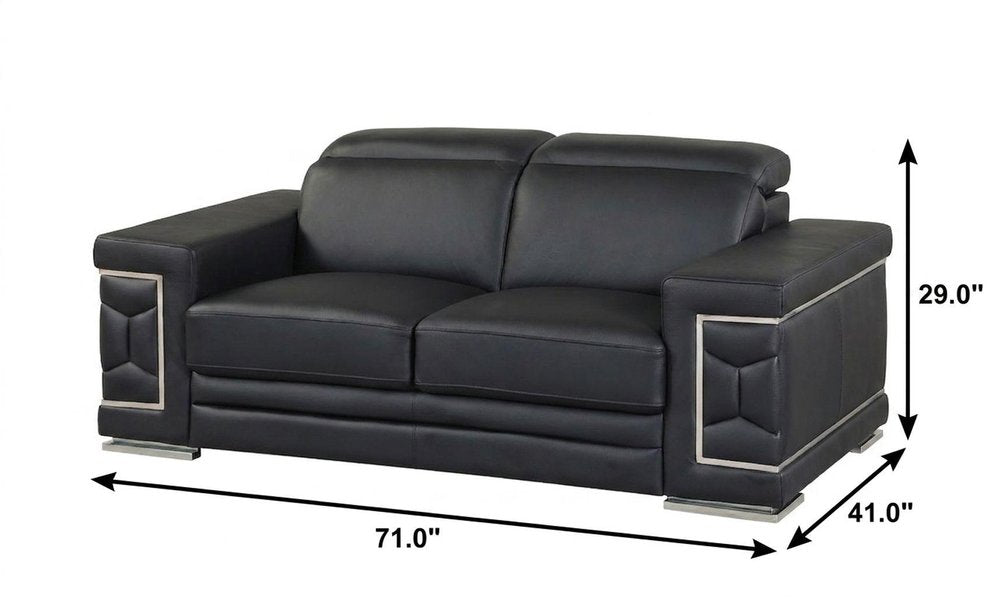 71" Black And Silver Genuine Leather Love Seat