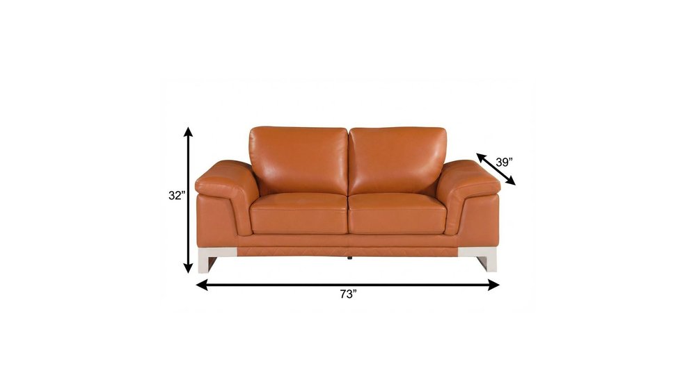 73" Camel And Silver Genuine Leather Loveseat on a white background