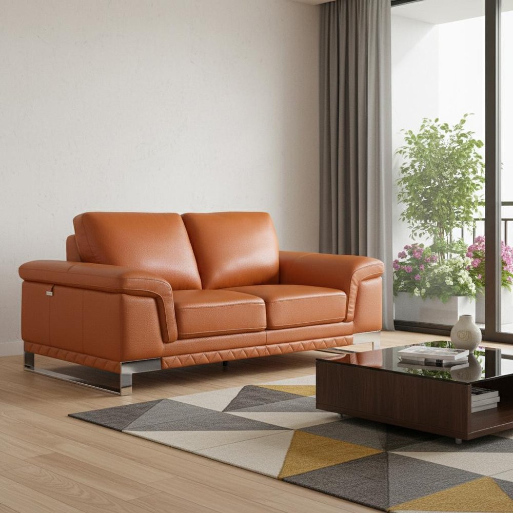73" Camel And Silver Genuine Leather Loveseat in a home interior
