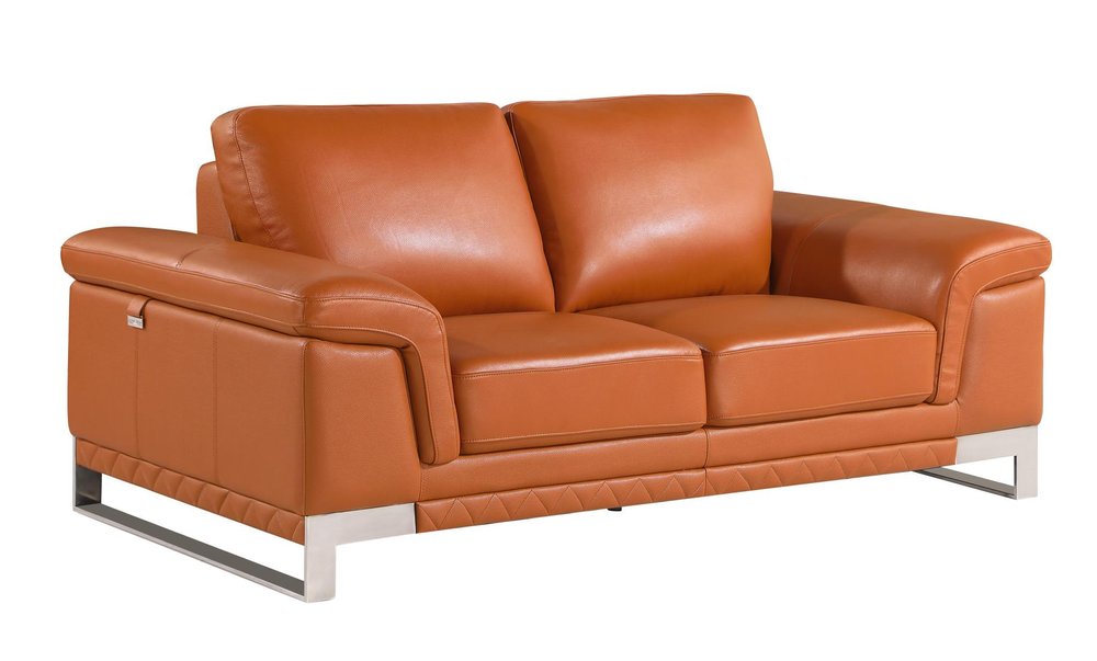 73" Camel And Silver Genuine Leather Loveseat on a white background