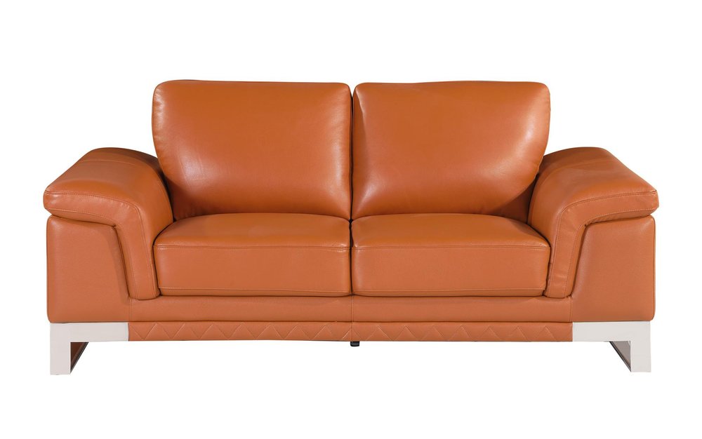73" Camel And Silver Genuine Leather Loveseat on a white background