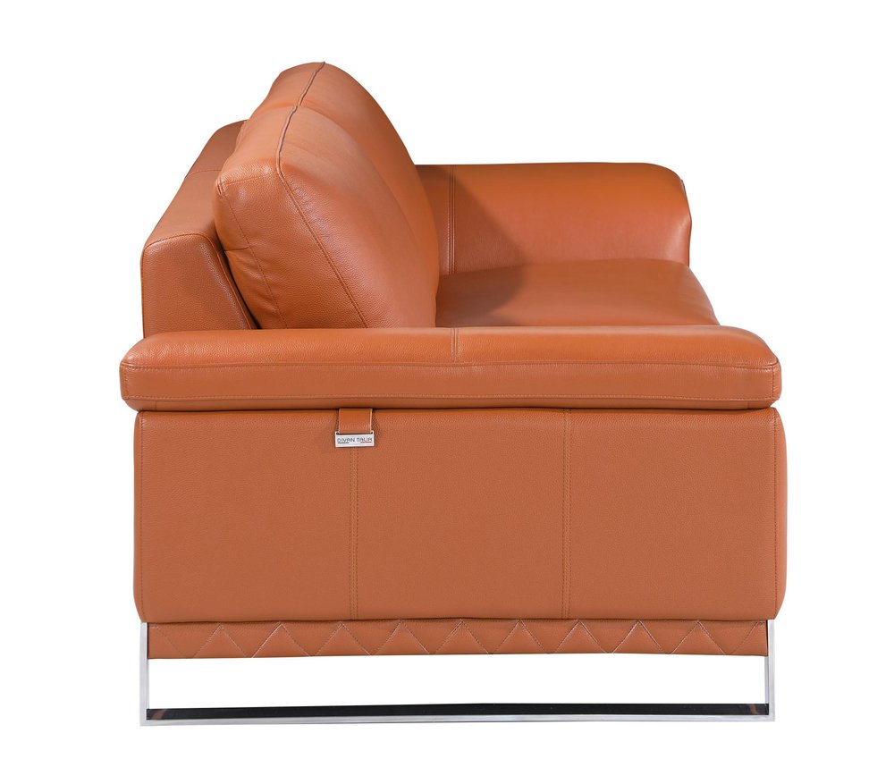 49" Brown And Silver Genuine Leather Arm Chair. Accent chair isolated on a plain white background, showing a brown leather surface.