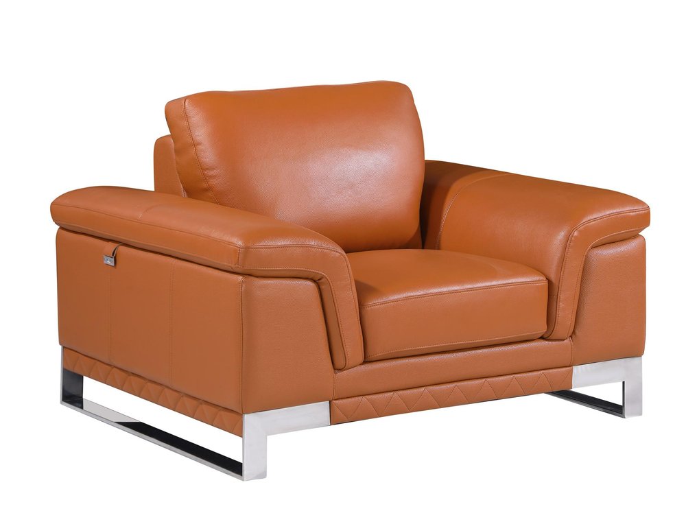 Brown genuine leather armchair with silver metal legs on a white background.