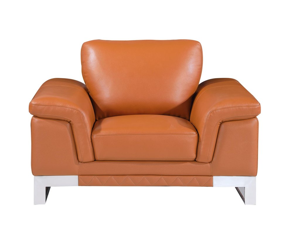 49" Brown And Silver Genuine Leather Arm Chair. Accent chair isolated on a plain white background, showing a brown leather surface.