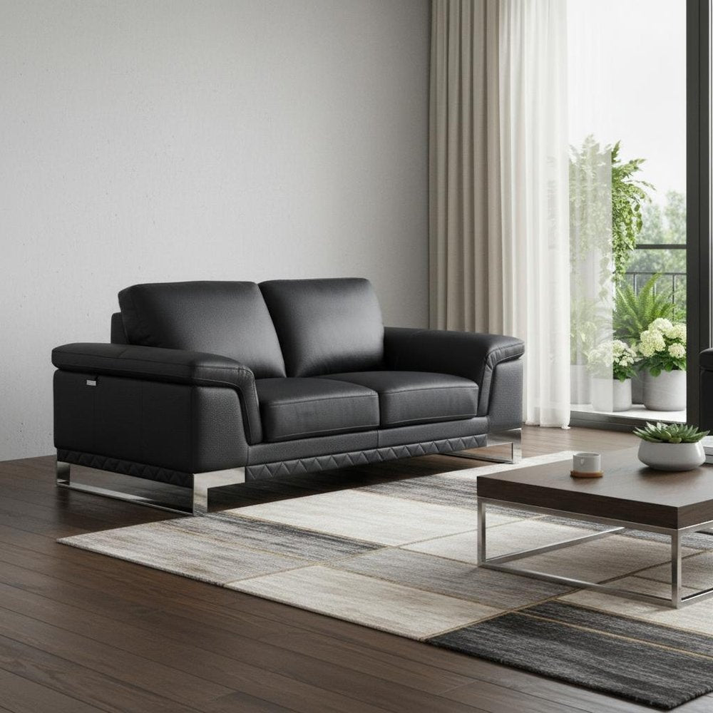 73" Black And Silver Genuine Leather Love Seat - 32" H x 73" W x 39" D in a home interior