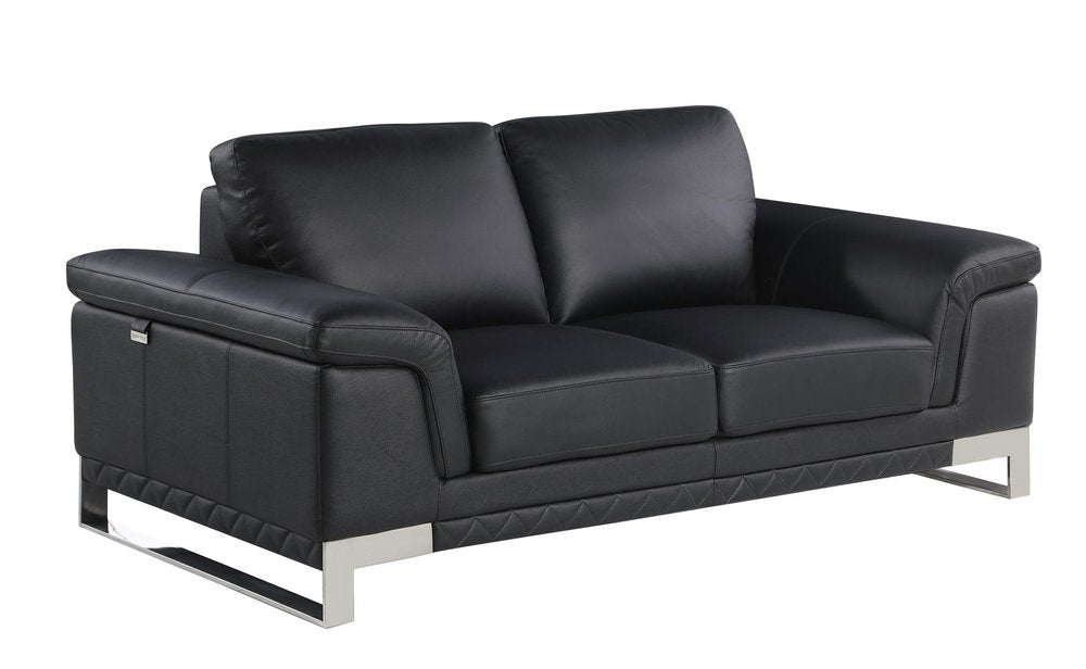73" Black And Silver Genuine Leather Love Seat - 32" H x 73" W x 39" D on a white background