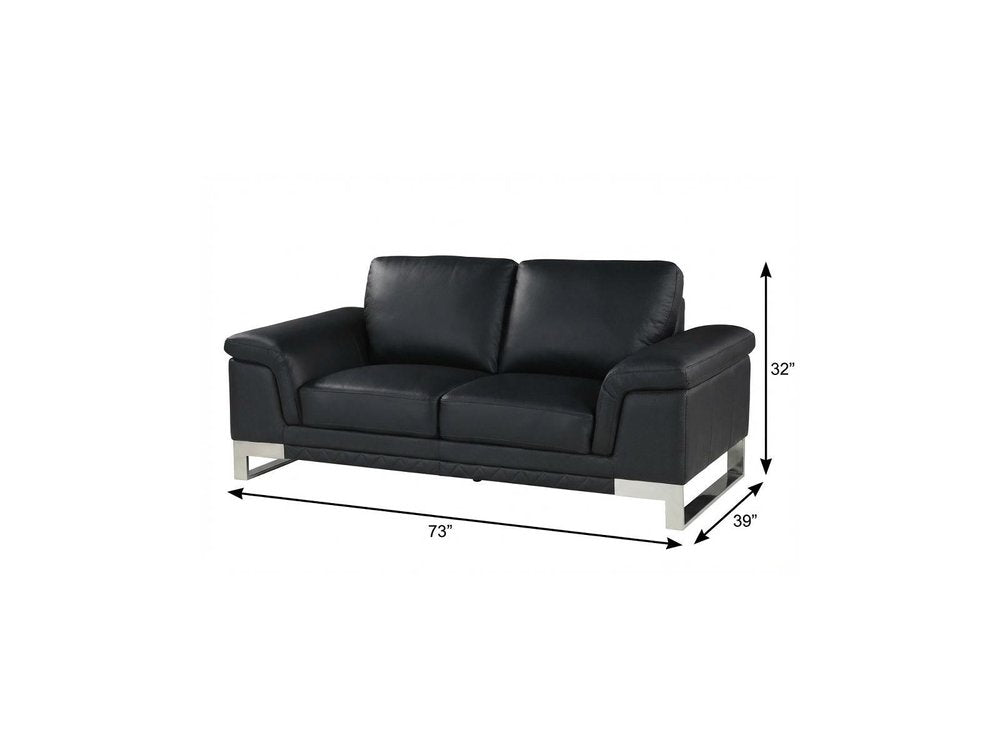 73" Black And Silver Genuine Leather Love Seat - 32" H x 73" W x 39" D on a white background
