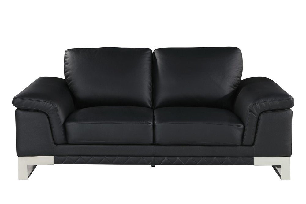 73" Black And Silver Genuine Leather Love Seat - 32" H x 73" W x 39" D on a white background