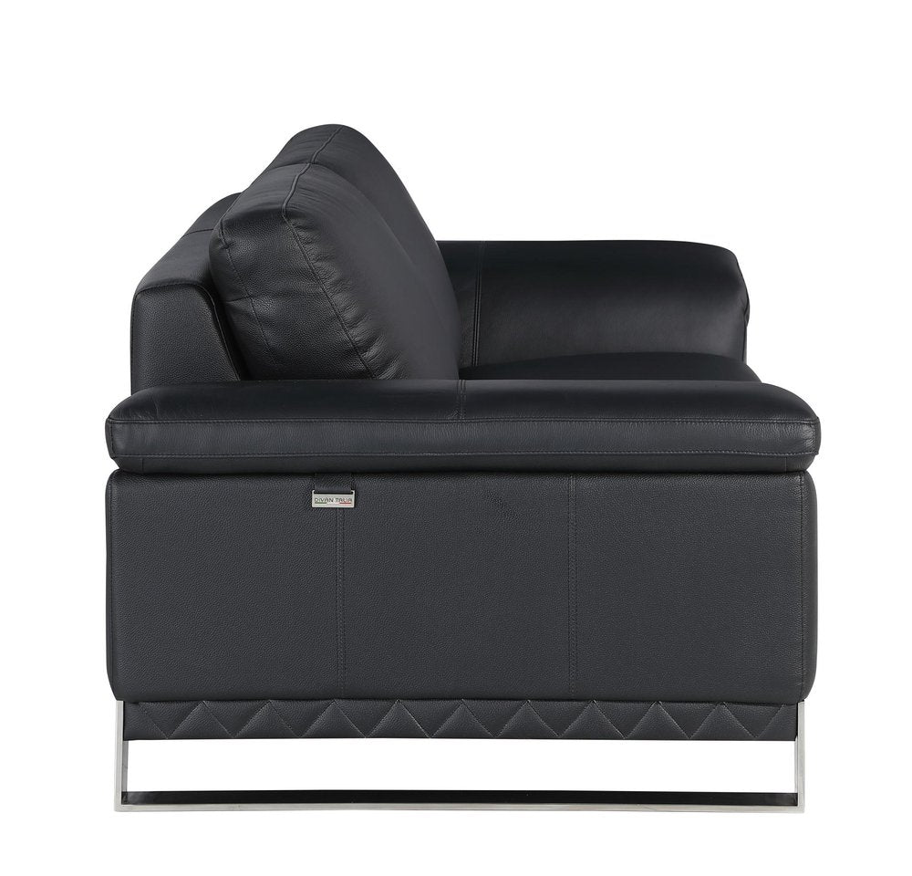 73" Black And Silver Genuine Leather Love Seat - 32" H x 73" W x 39" D on a white background