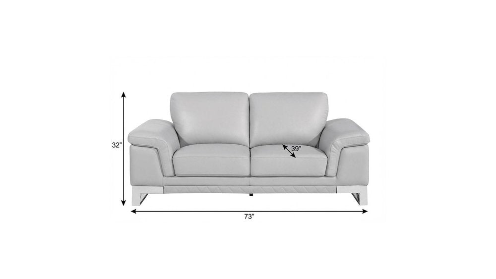 73" Light Gray And Silver Genuine Leather Loveseat on a white background