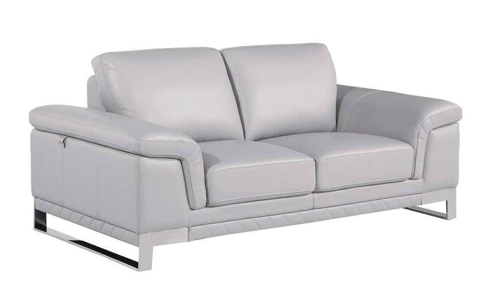 Light gray genuine leather loveseat with silver metal legs on a white background.