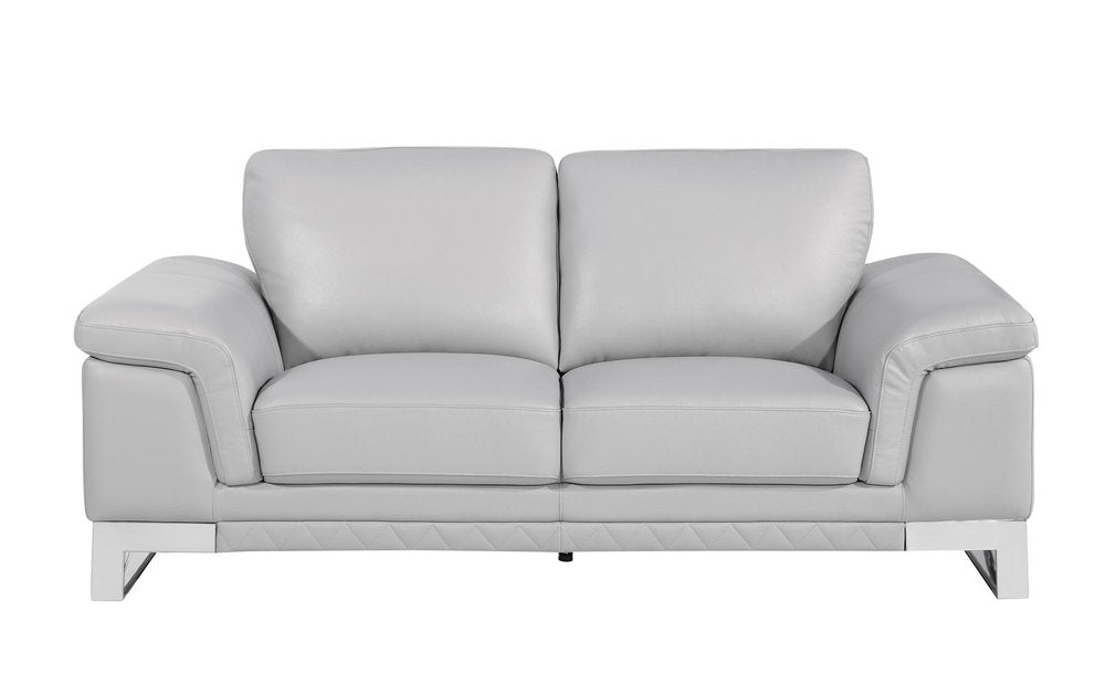 73" Light Gray And Silver Genuine Leather Loveseat on a white background