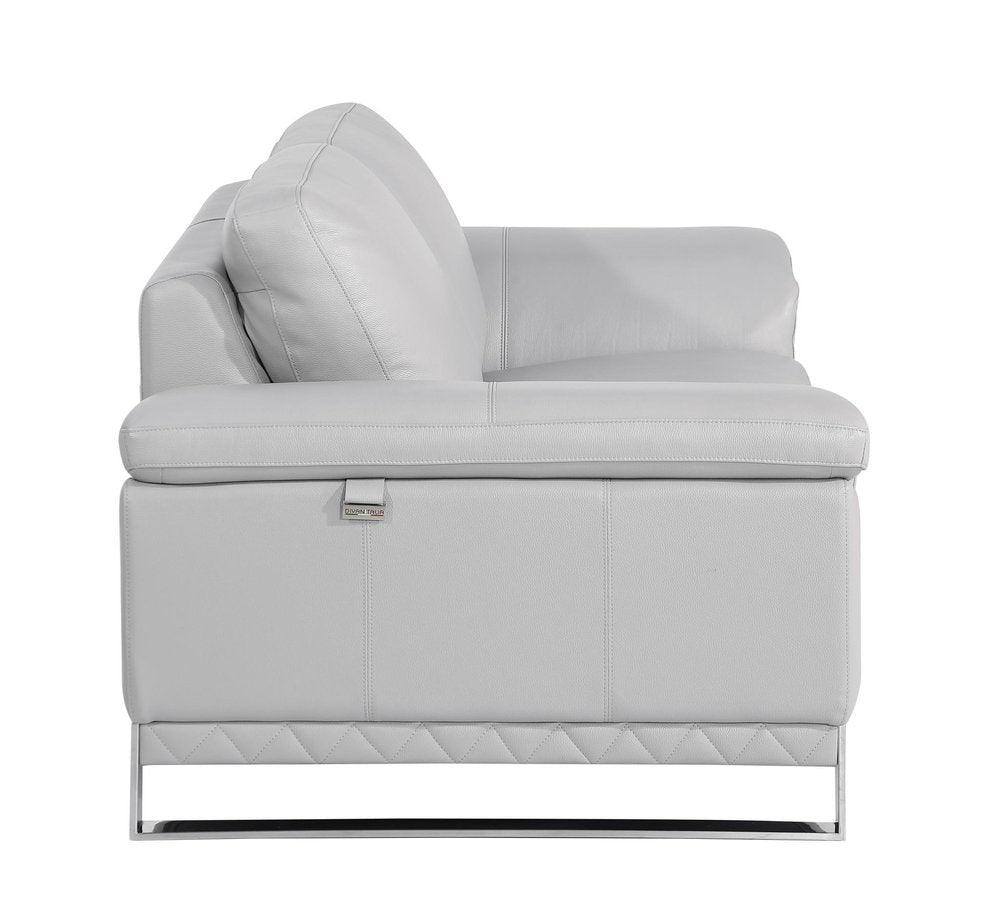 73" Light Gray And Silver Genuine Leather Loveseat on a white background