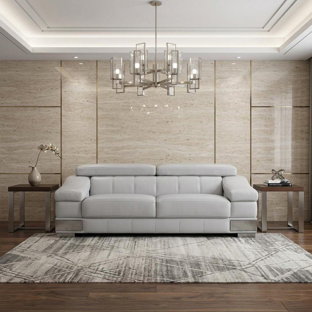 92" Light Gray Italian Leather Sofa With Silver Legs