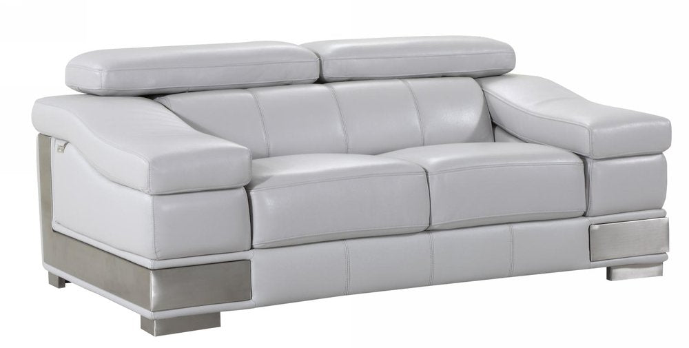 Light gray genuine leather love seat with silver metal accents and legs, shown against a white background.