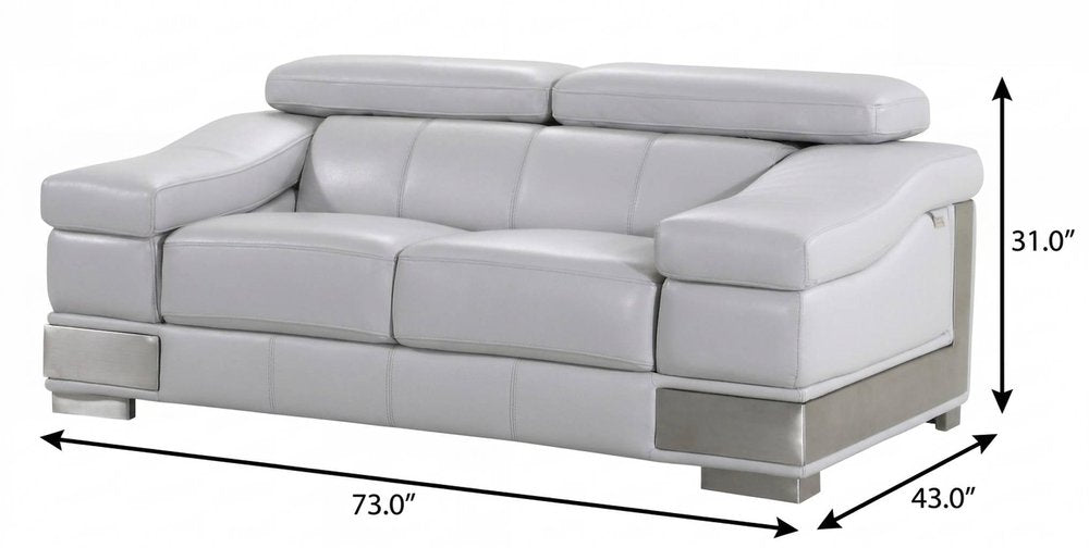 73" Light Gray And Silver Genuine Leather Love Seat