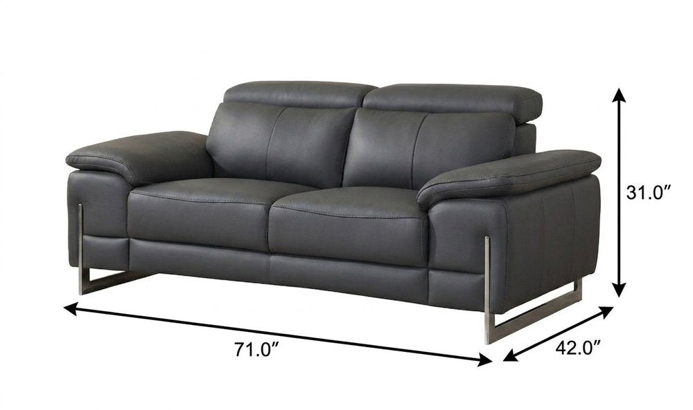 71" Dark Gray And Silver Genuine Leather Loveseat