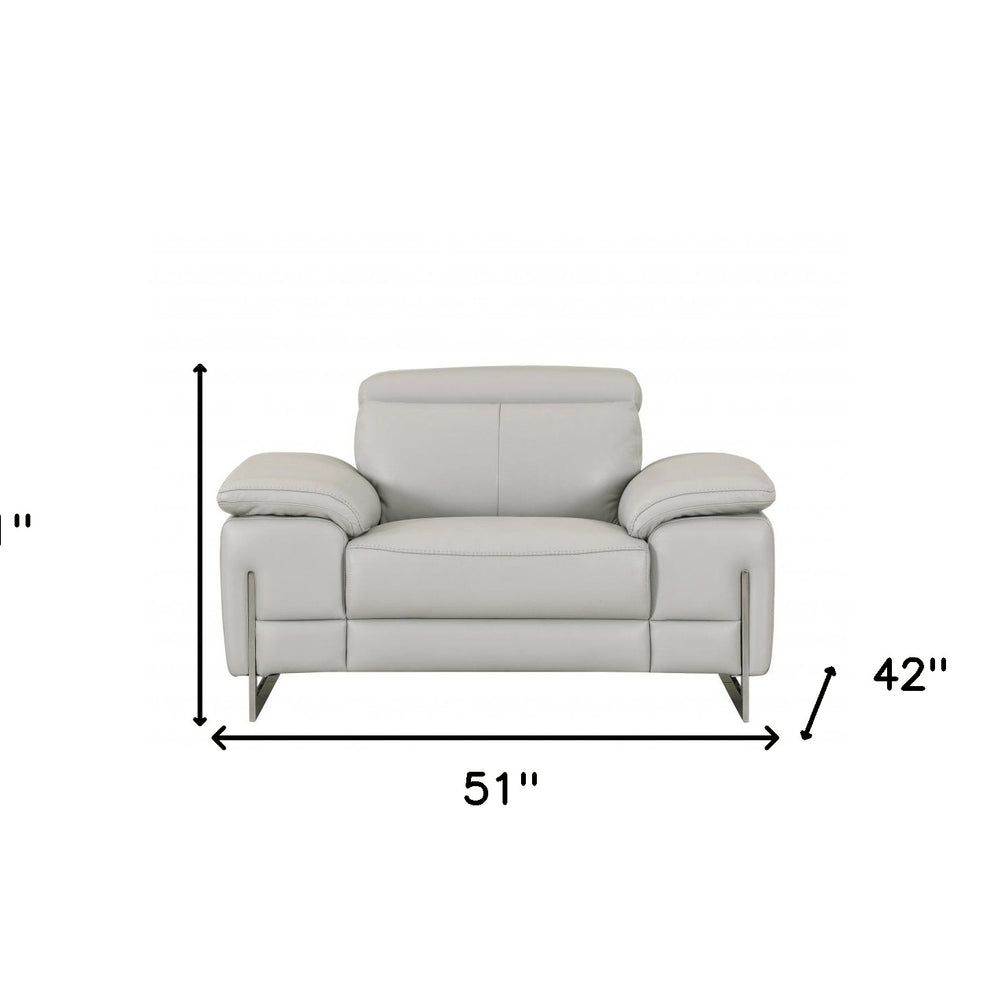 51" Gray And Silver Genuine Leather Chair and a Half. Accent chair isolated on a plain white background, showing a silver leather surface.