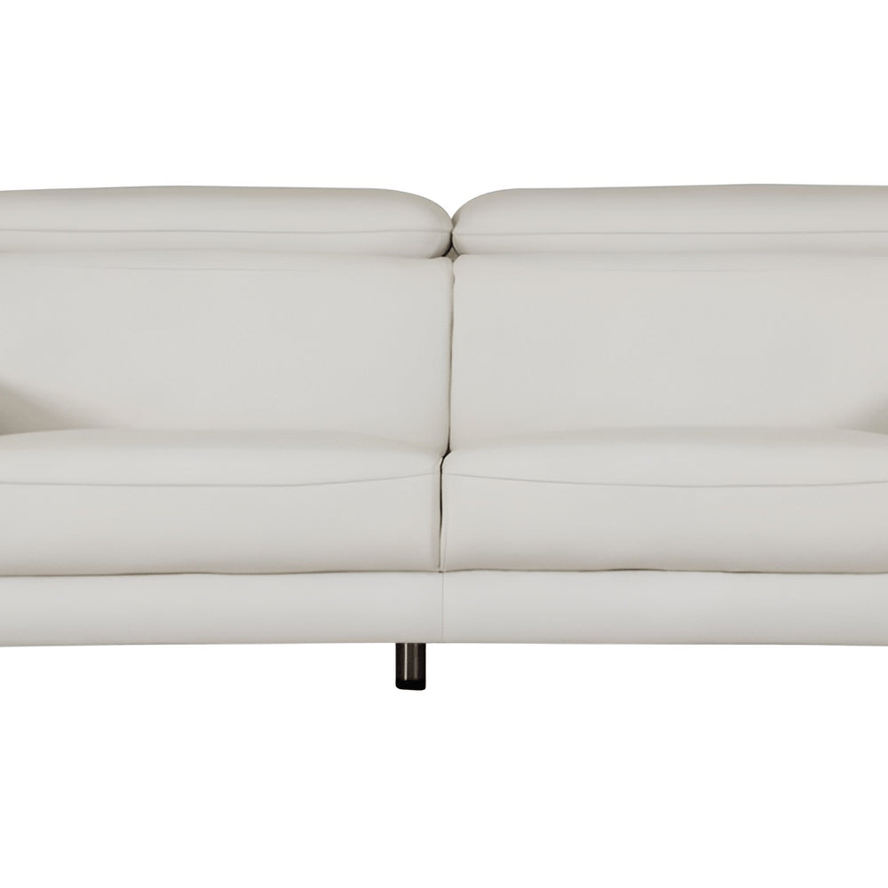 87" White Italian Leather Sofa With Silver Legs on a white background