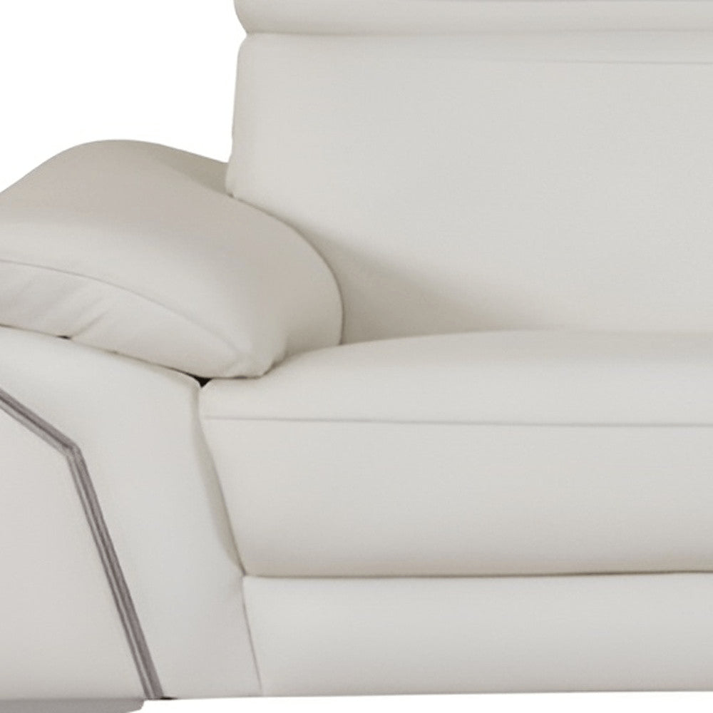 87" White Italian Leather Sofa With Silver Legs close-up detail