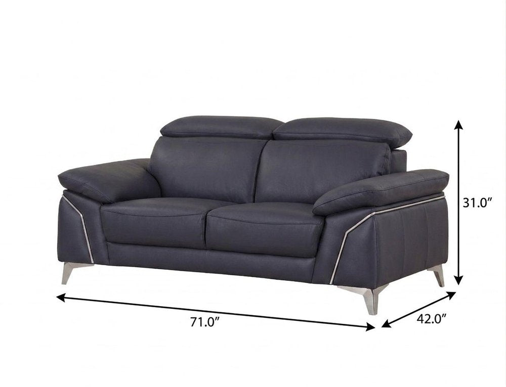71" Navy Blue And Silver Genuine Leather Loveseat