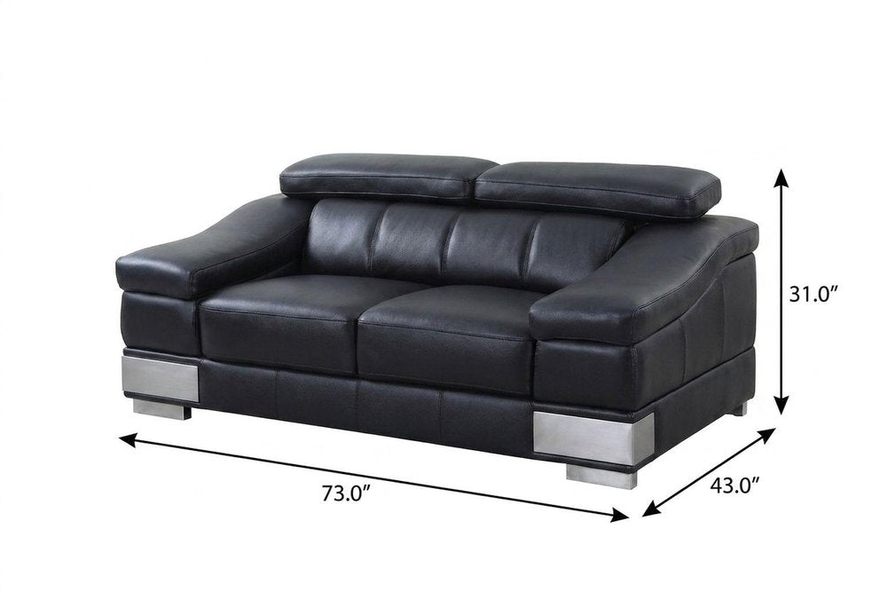 73" Black And Silver Genuine Leather Love Seat - 31" H x 73" W x 43" D