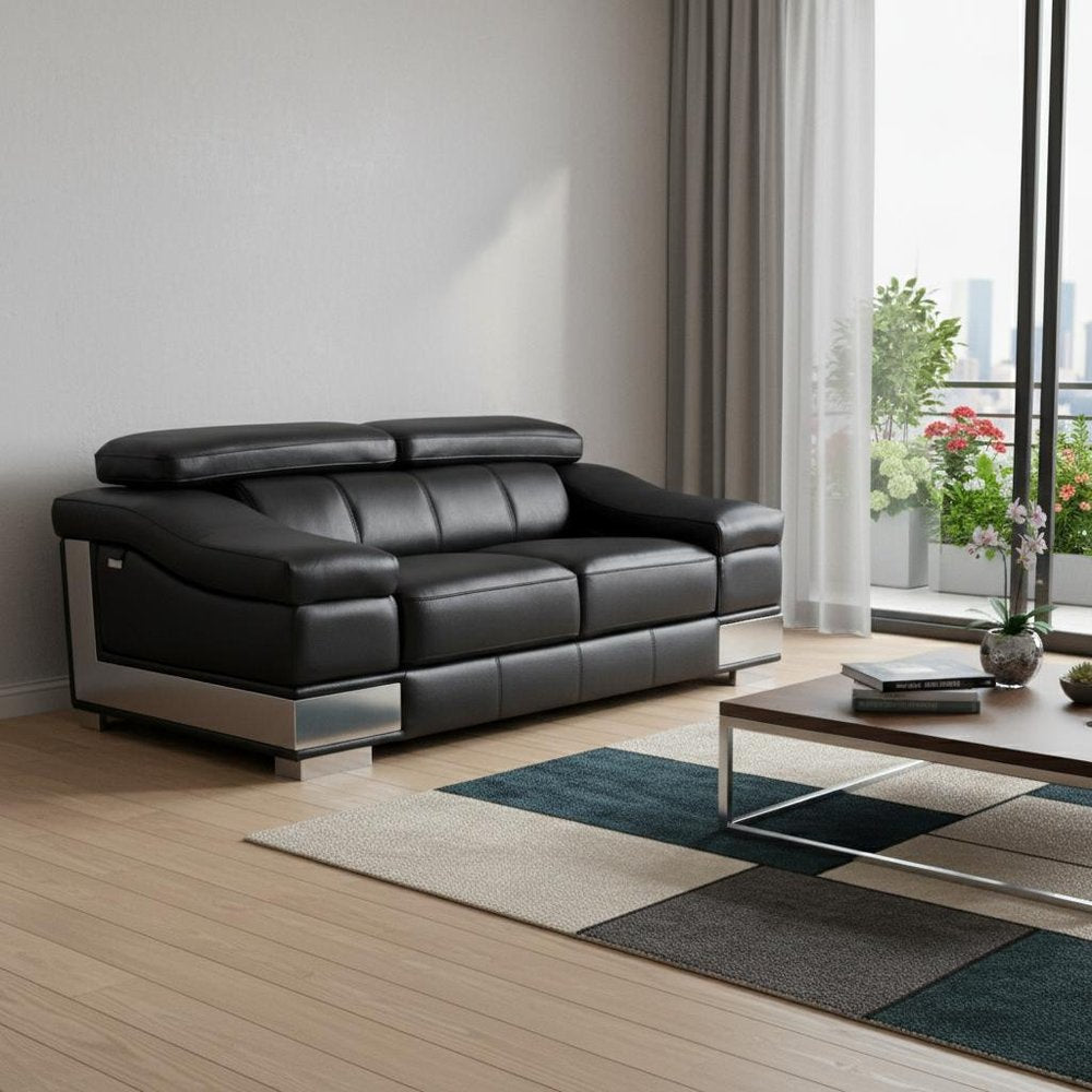 73" Black And Silver Genuine Leather Love Seat - 31" H x 73" W x 43" D