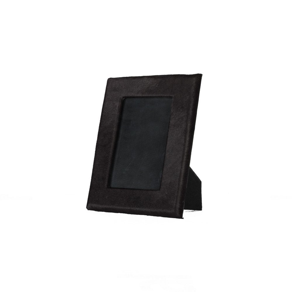 4" x 6" Black Cowhide Picture Frame with Mat. Picture frame isolated on a plain white background, in a black finish.