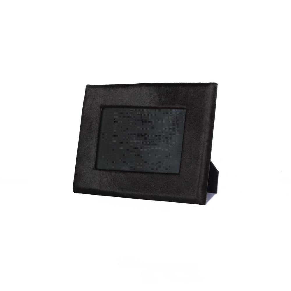 4" x 6" Black Cowhide Picture Frame with Mat. Picture frame isolated on a plain white background, finished in black.
