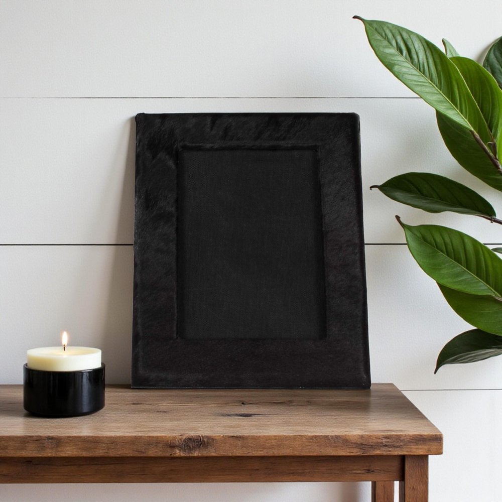 5" x 7" Black Cowhide Hanging & Tabletop Picture Frame with Mat. Picture frame in black.