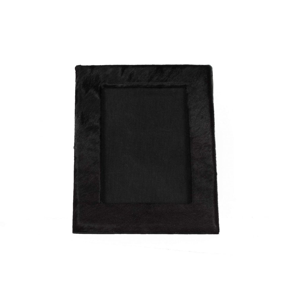 Black cowhide picture frame with mat for 5" x 7" photo, shown on a white background.