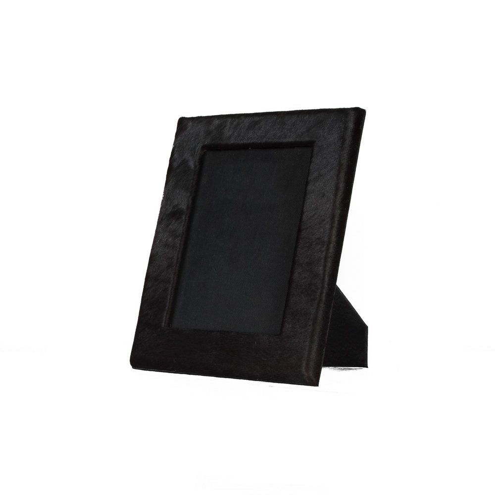 5" x 7" Black Cowhide Hanging & Tabletop Picture Frame with Mat. Picture frame isolated on a plain white background, in a black finish.