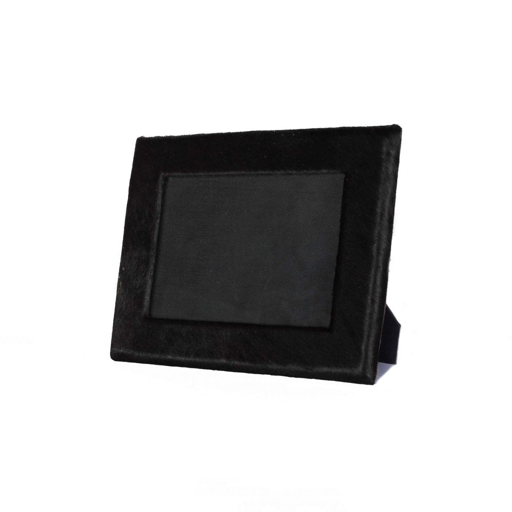 5" x 7" Black Cowhide Hanging & Tabletop Picture Frame with Mat. Picture frame isolated on a plain white background, finished in black.