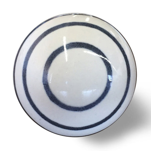 Set of Eight White And Navy Blue Geo Lines Ceramic Drawer Pull Knobs on a white background