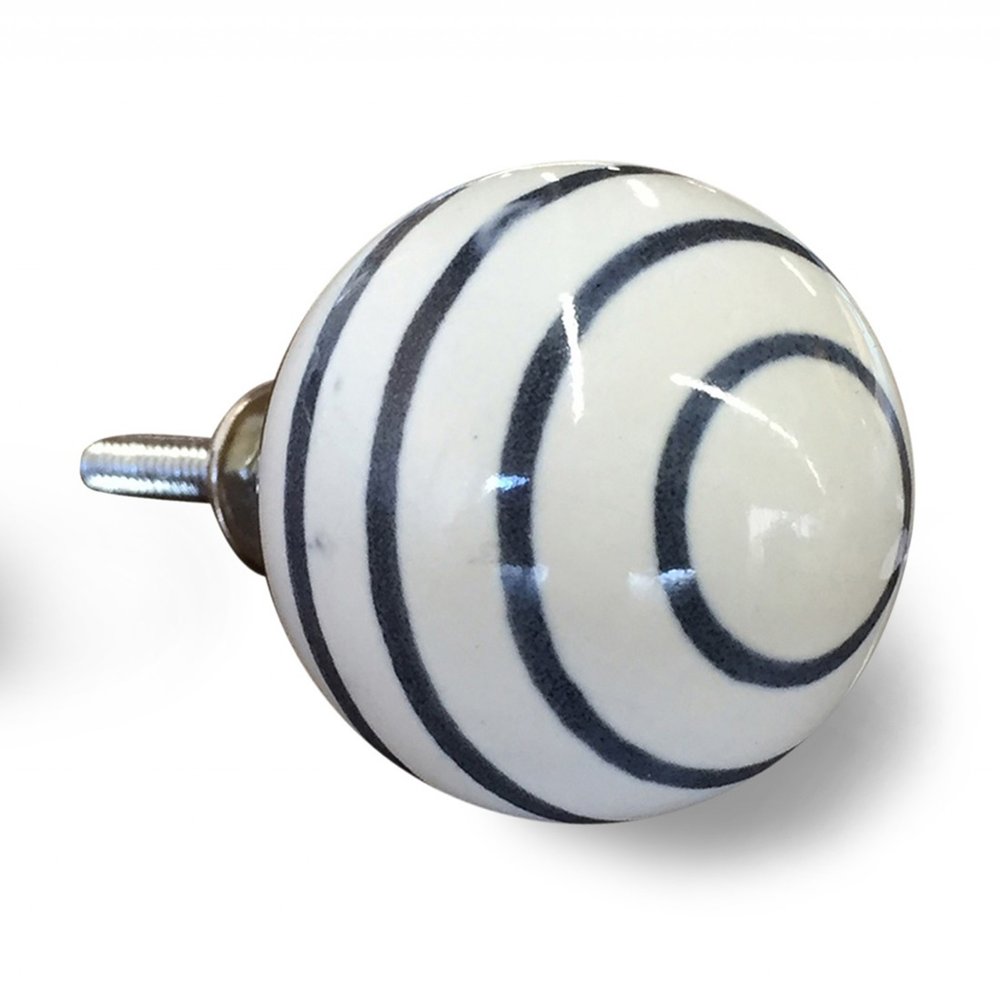 Set of Eight White And Navy Blue Geo Lines Ceramic Drawer Pull Knobs on a white background